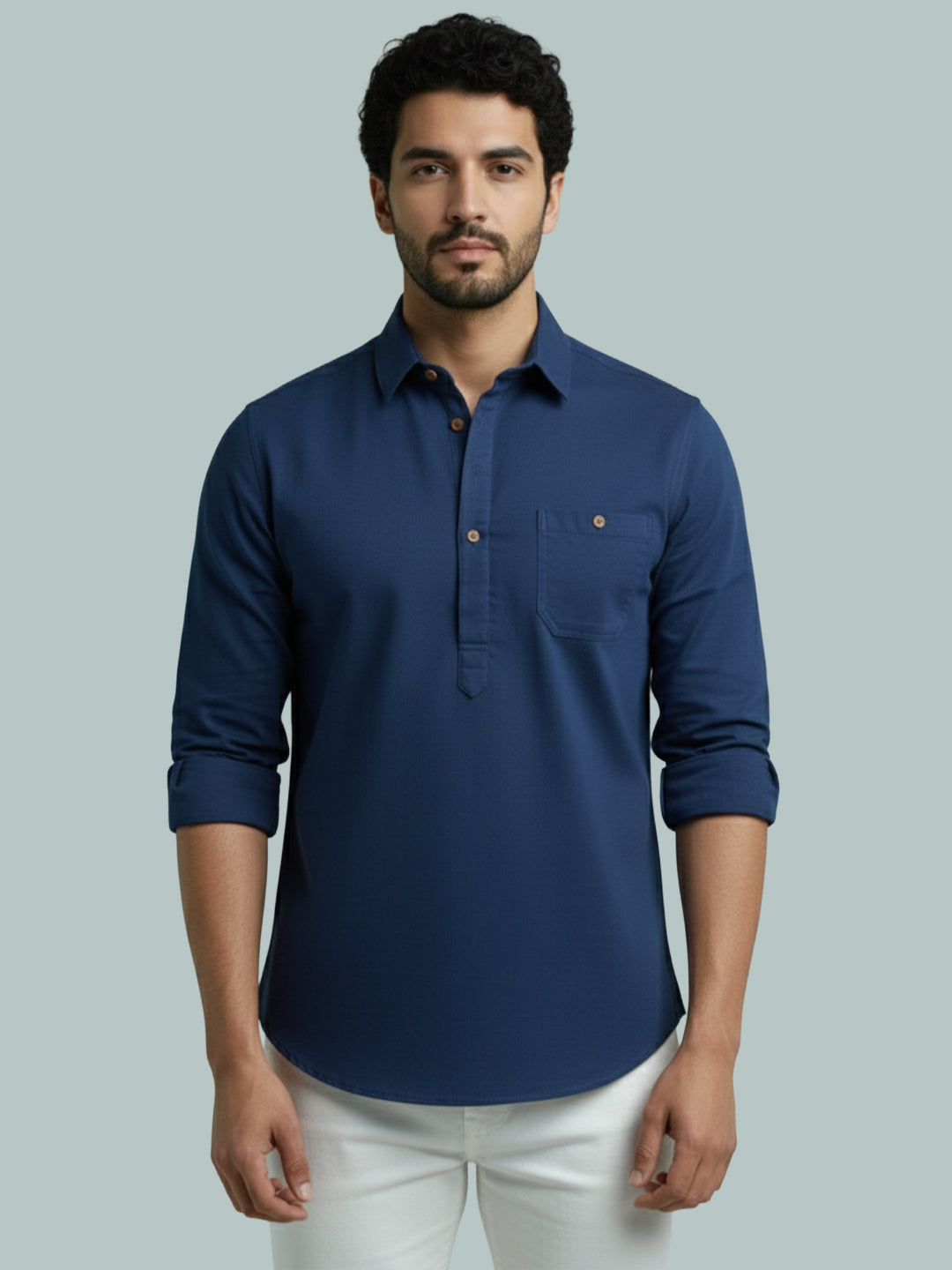 TerraDesi Men's Solid Cotton Short Kurta | Casual Full Sleeve Regular Fit (SE89)