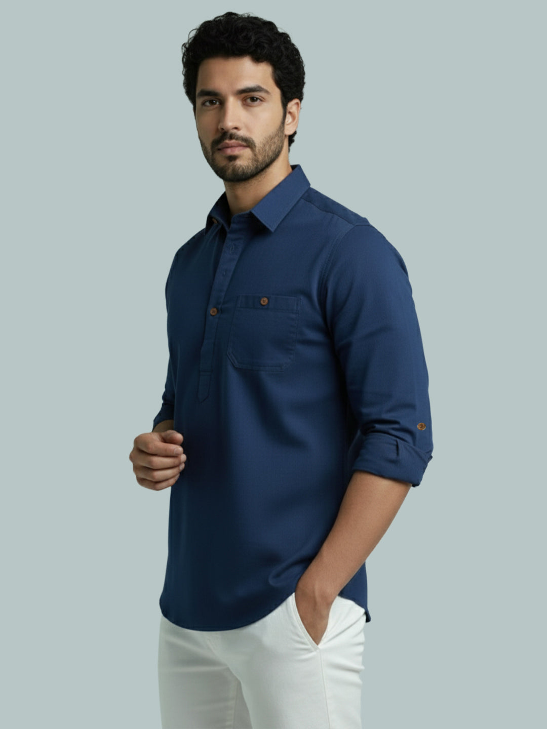 TerraDesi Men's Solid Cotton Short Kurta | Casual Full Sleeve Regular Fit (SE89)