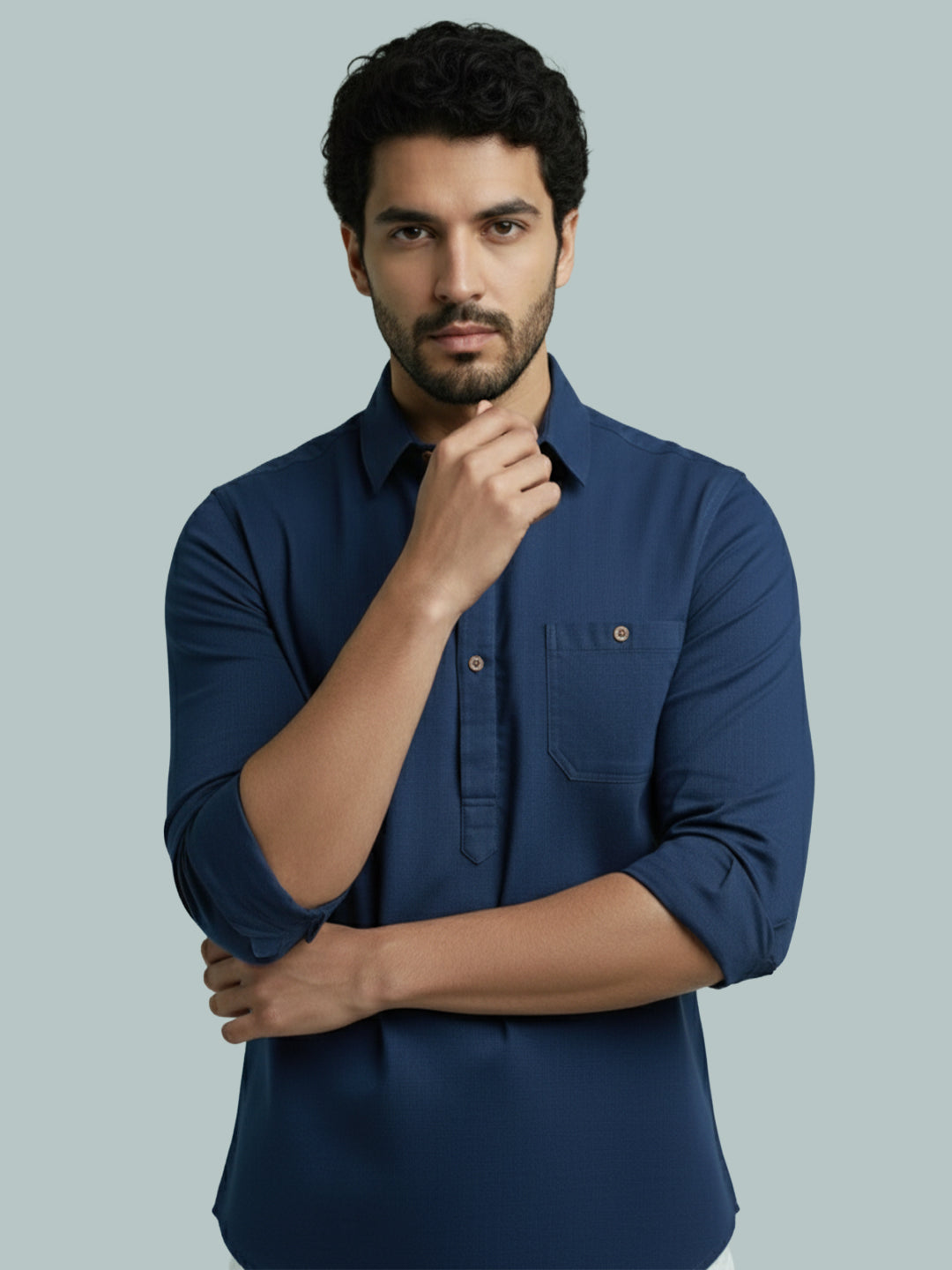 TerraDesi Men's Solid Cotton Short Kurta | Casual Full Sleeve Regular Fit (SE89)