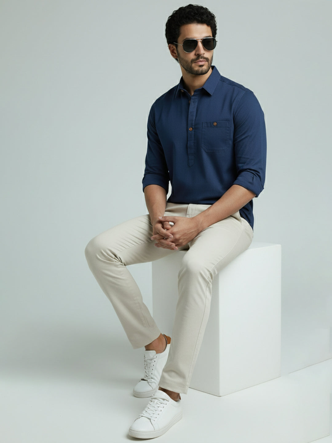 TerraDesi Men's Solid Cotton Short Kurta | Casual Full Sleeve Regular Fit (SE89)