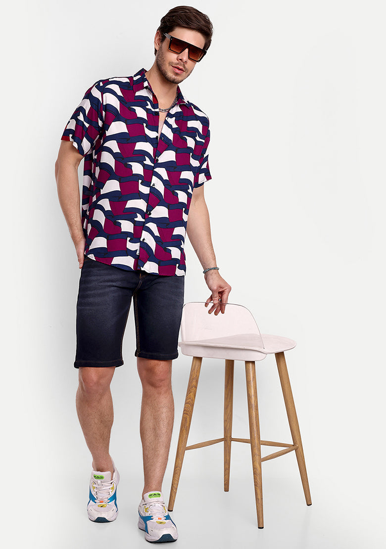TerraDesi Abstract Wave Print Rayon Shirt – Maroon Navy Statement Casual