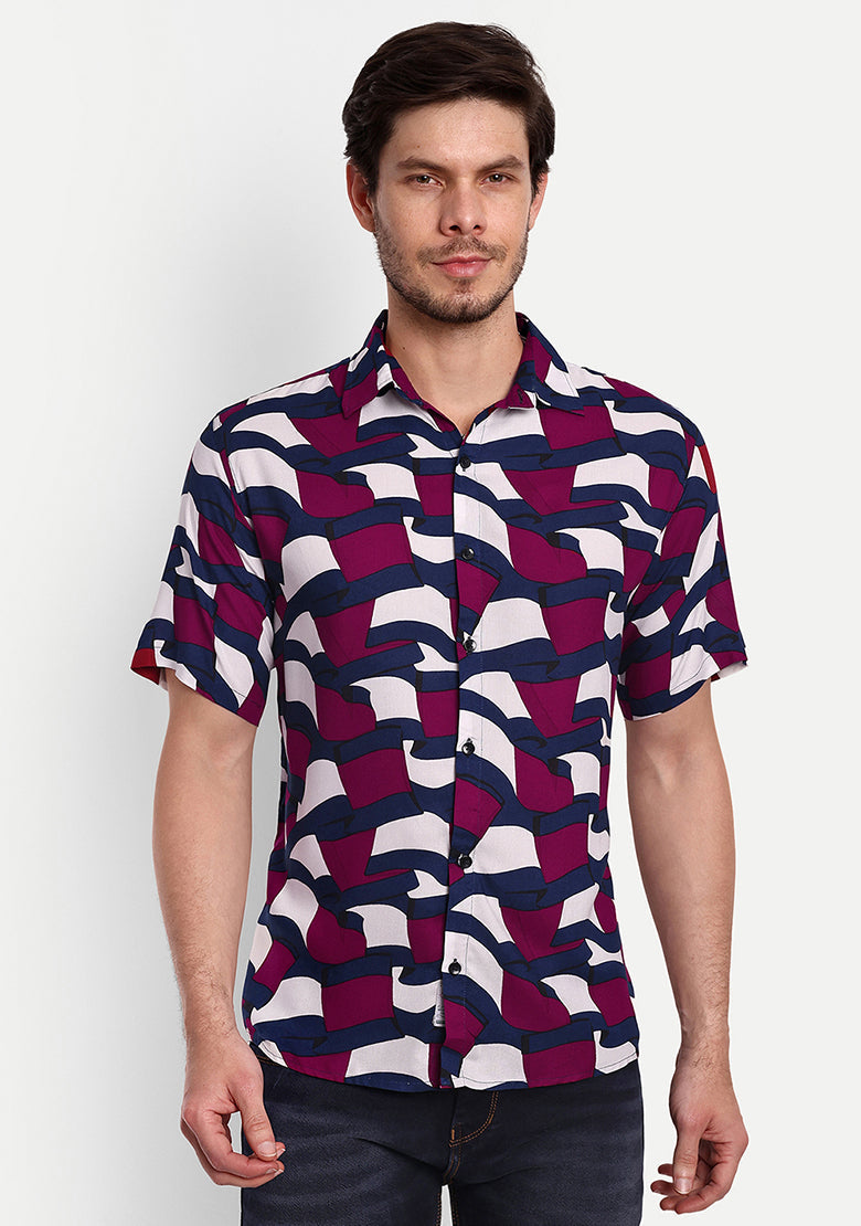 TerraDesi Abstract Wave Print Rayon Shirt – Maroon Navy Statement Casual