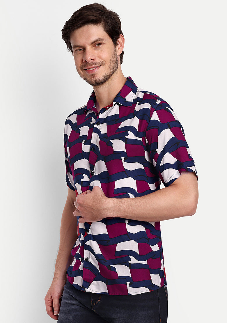 TerraDesi Abstract Wave Print Rayon Shirt – Maroon Navy Statement Casual