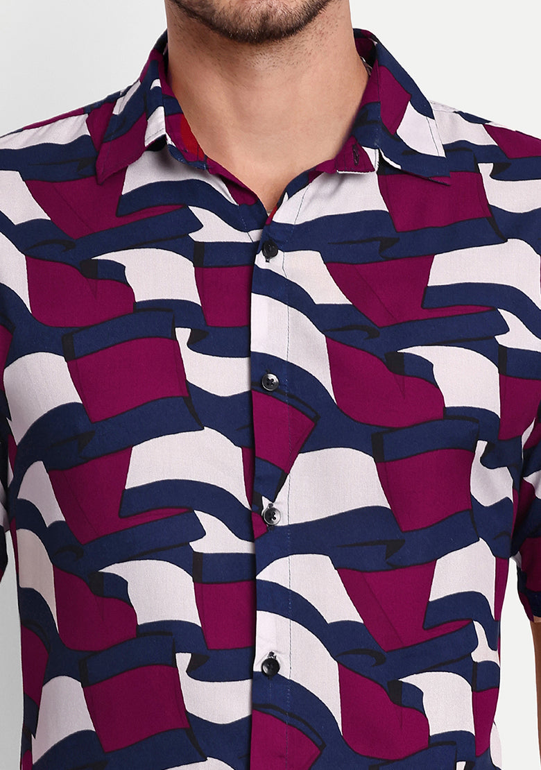 TerraDesi Abstract Wave Print Rayon Shirt – Maroon Navy Statement Casual