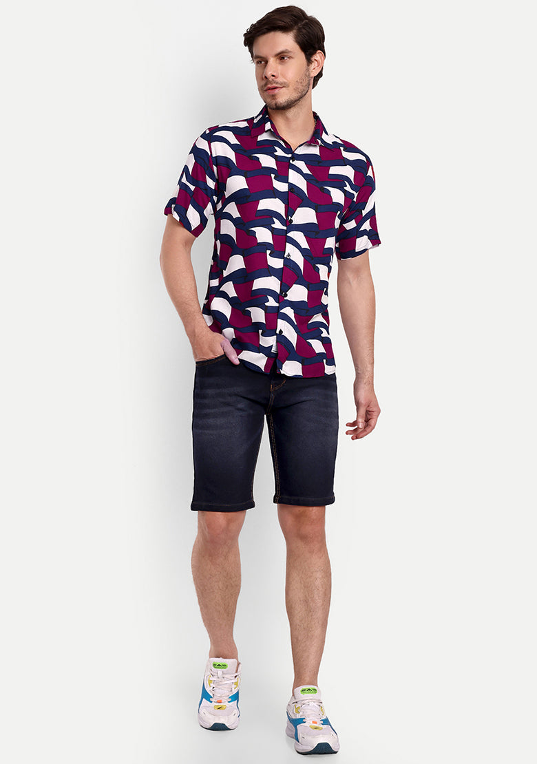 TerraDesi Abstract Wave Print Rayon Shirt – Maroon Navy Statement Casual