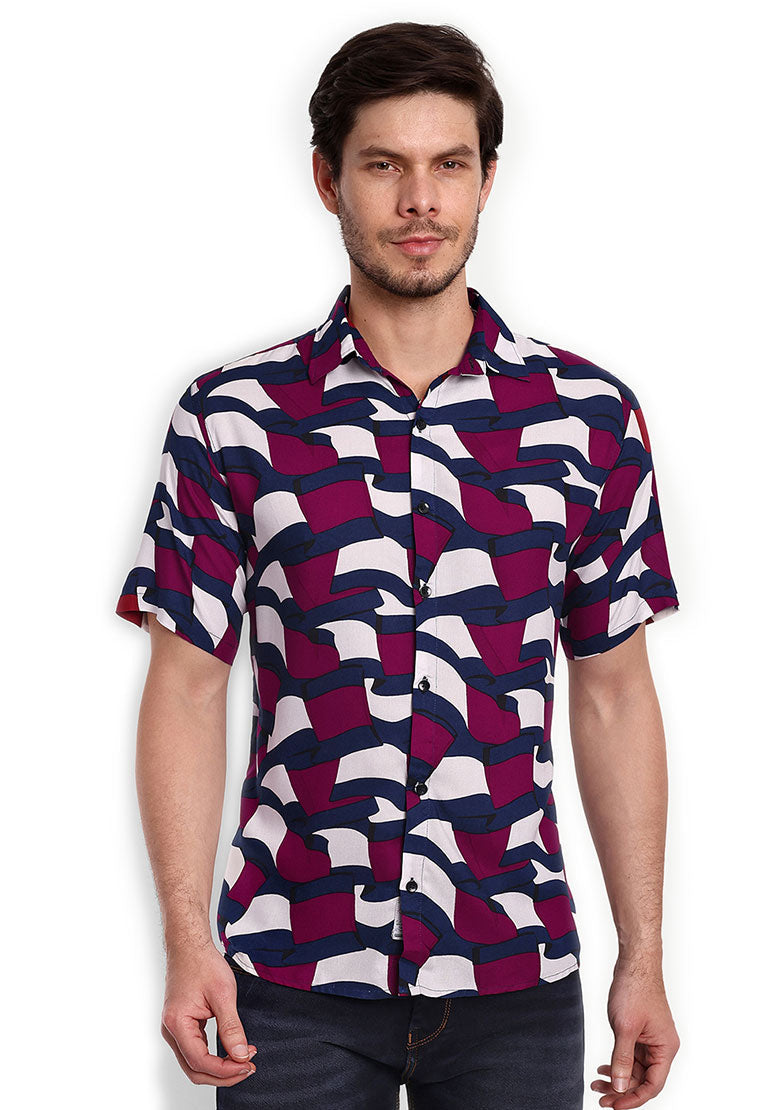 TerraDesi Abstract Wave Print Rayon Shirt – Maroon Navy Statement Casual