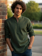 TerraDesi Sand Beige Cotton Kurta for Men | Zipper Closure Mandarin Collar Kurta