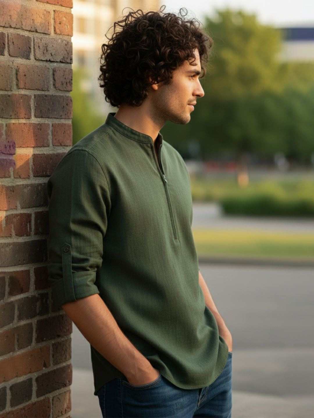 TerraDesi Sand Beige Cotton Kurta for Men | Zipper Closure Mandarin Collar Kurta