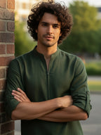 TerraDesi Sand Beige Cotton Kurta for Men | Zipper Closure Mandarin Collar Kurta