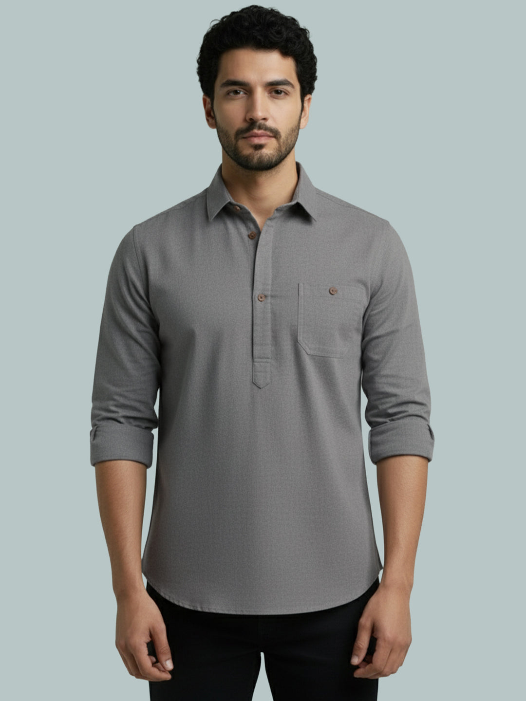 TerraDesi Men's Solid Cotton Short Kurta | Casual Full Sleeve Regular Fit (SE89)
