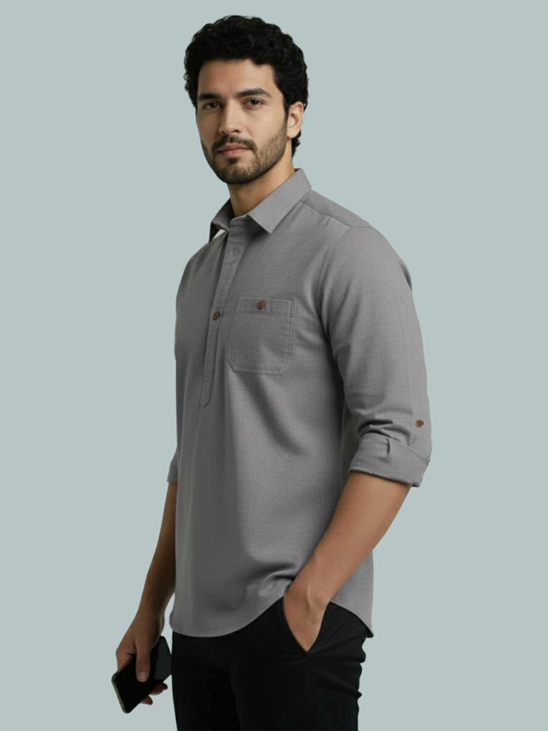TerraDesi Men's Solid Cotton Short Kurta | Casual Full Sleeve Regular Fit (SE89)