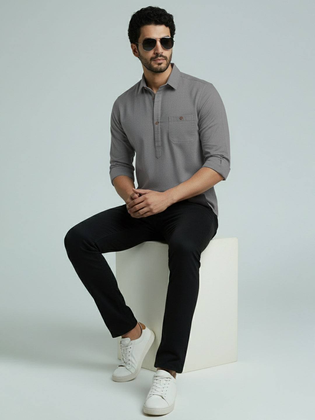 TerraDesi Men's Solid Cotton Short Kurta | Casual Full Sleeve Regular Fit (SE89)