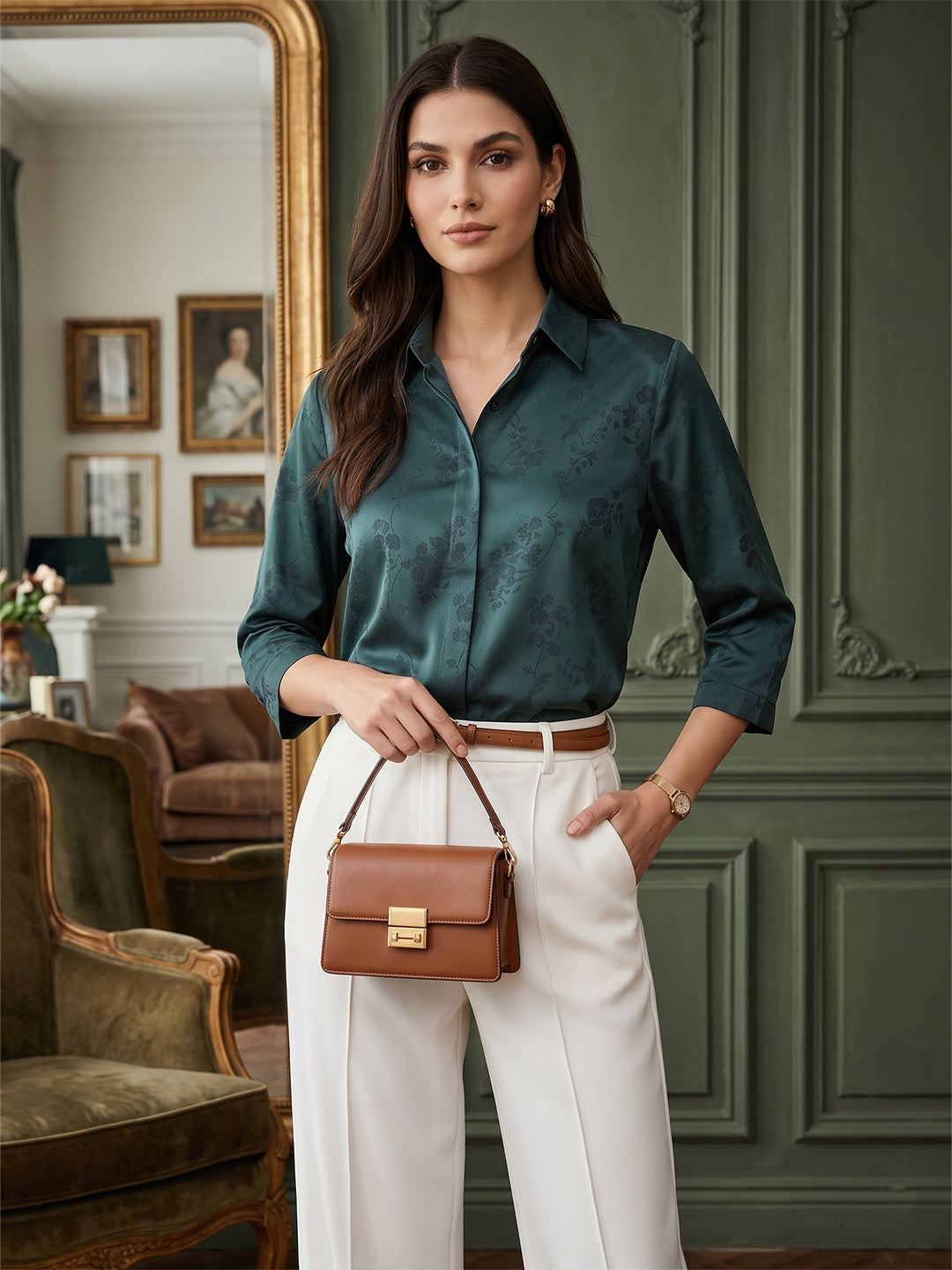 Verdant Heritage Satin Shirt – Timeless Botanical Elegance Main image