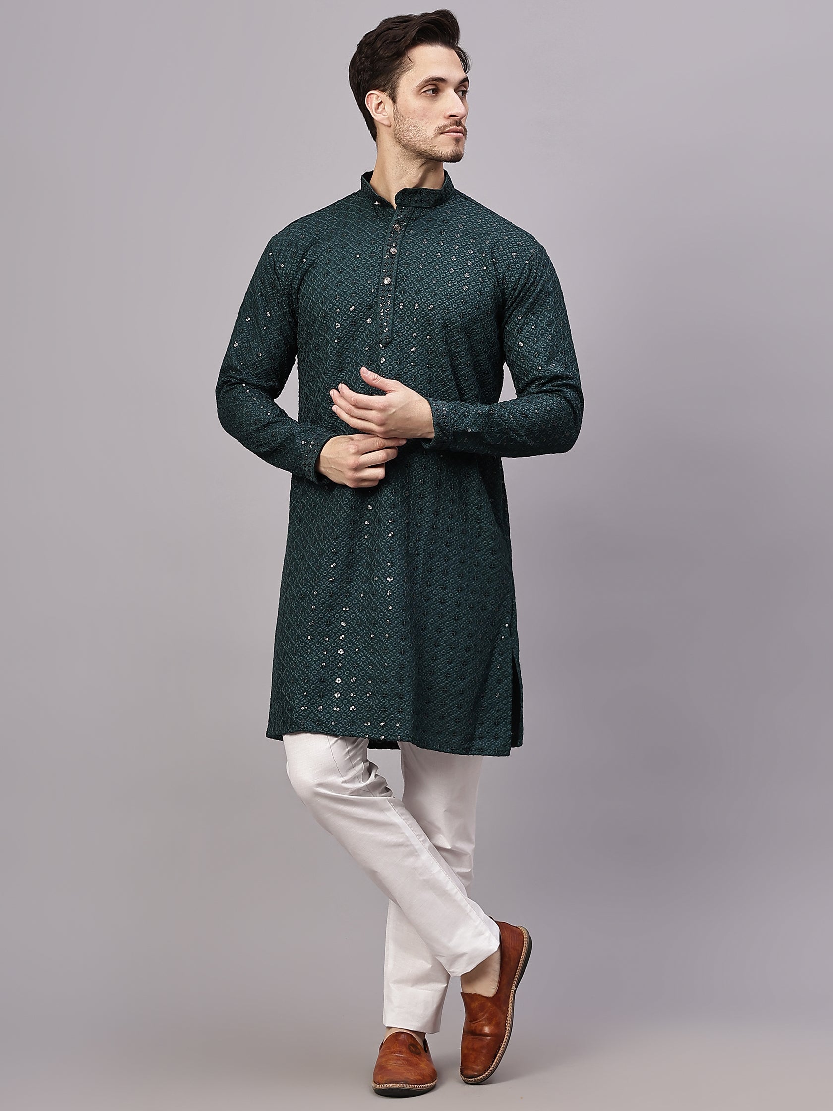 TerraDesi Royal Pista Bloom Chikankari Sequined Kurta Pajama Set