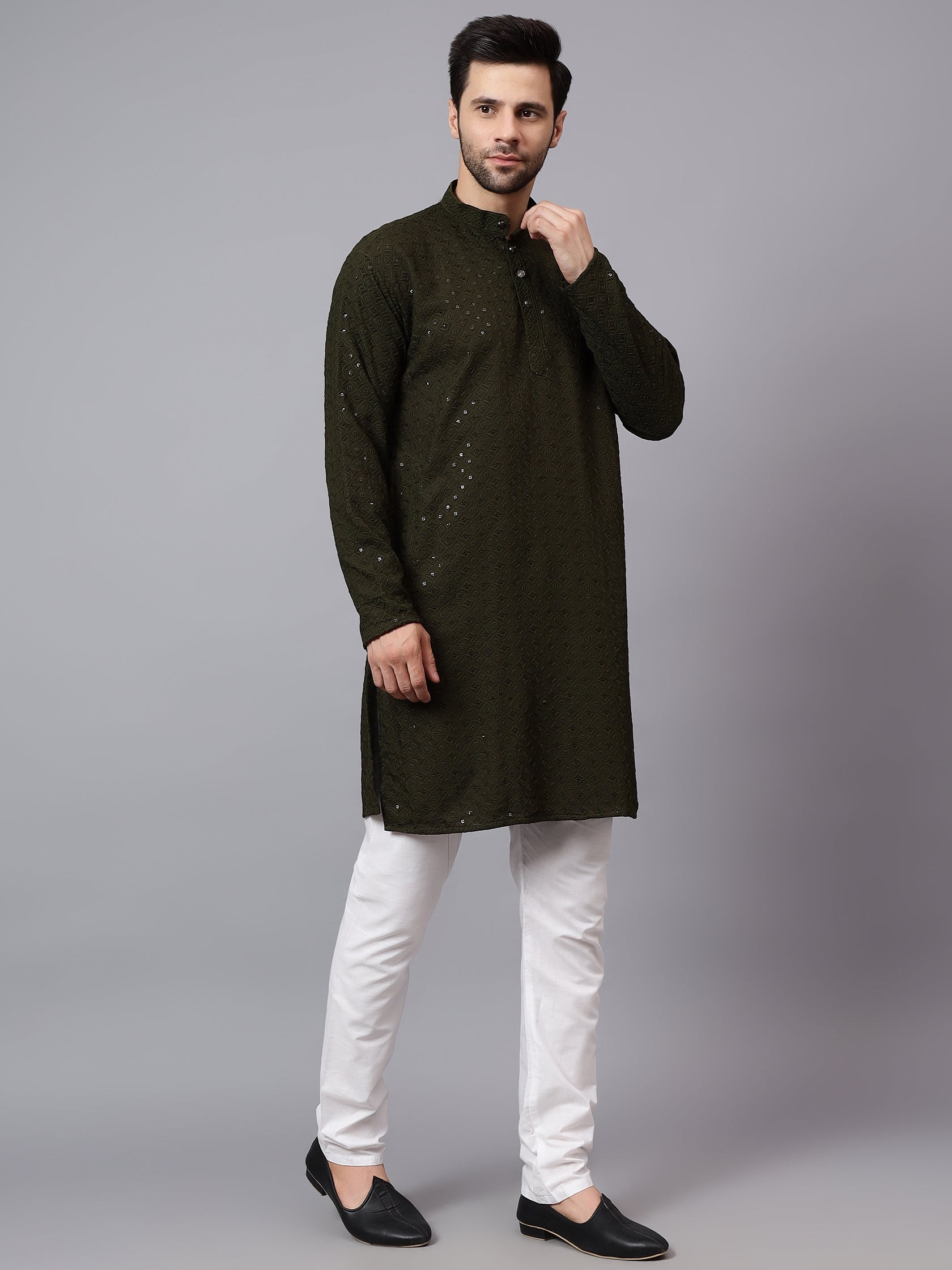 TerraDesi Regal Ruby Chikankari Sequined Triangle Embroidered Kurta Pajama Set