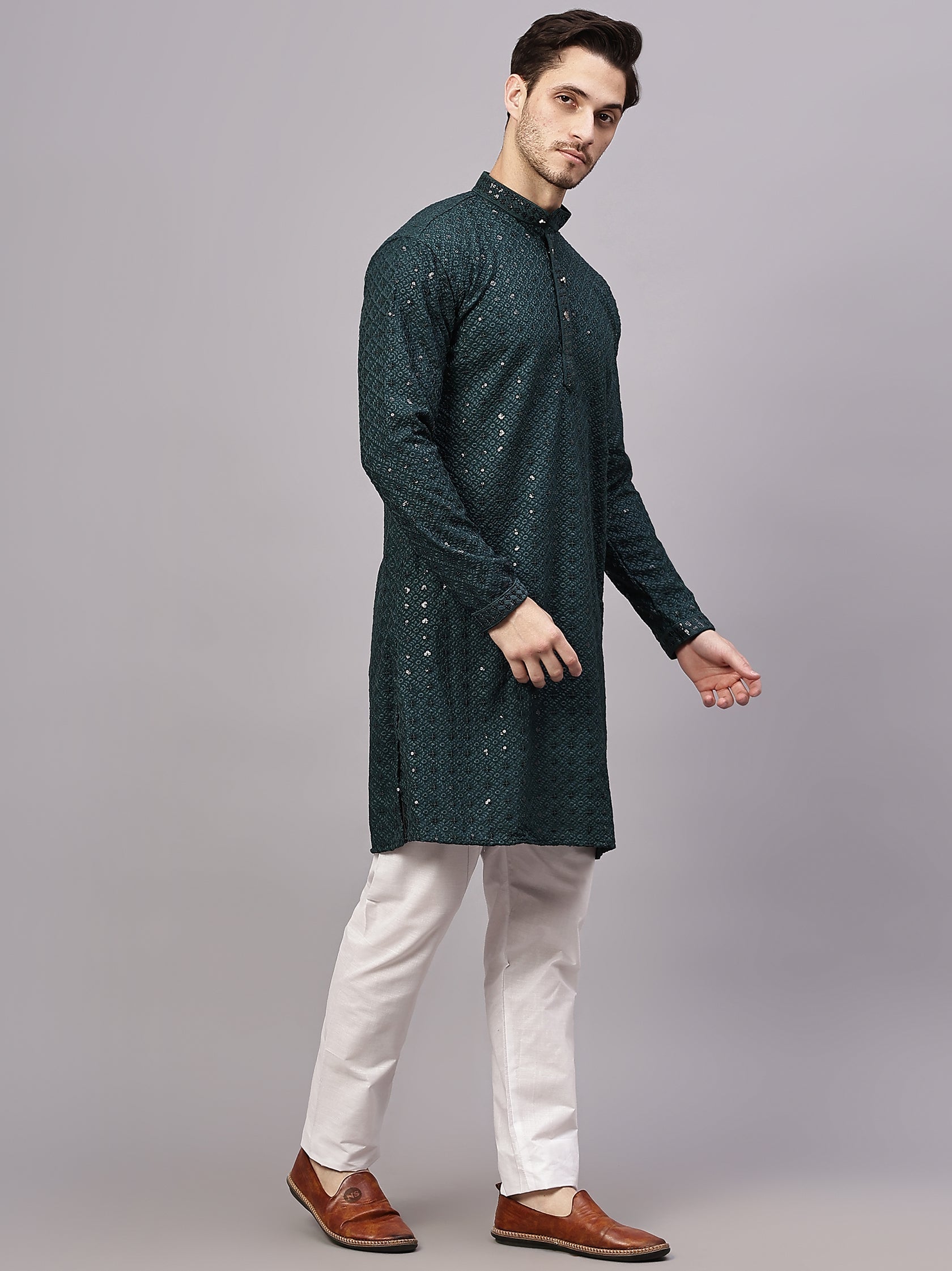 TerraDesi Royal Pista Bloom Chikankari Sequined Kurta Pajama Set