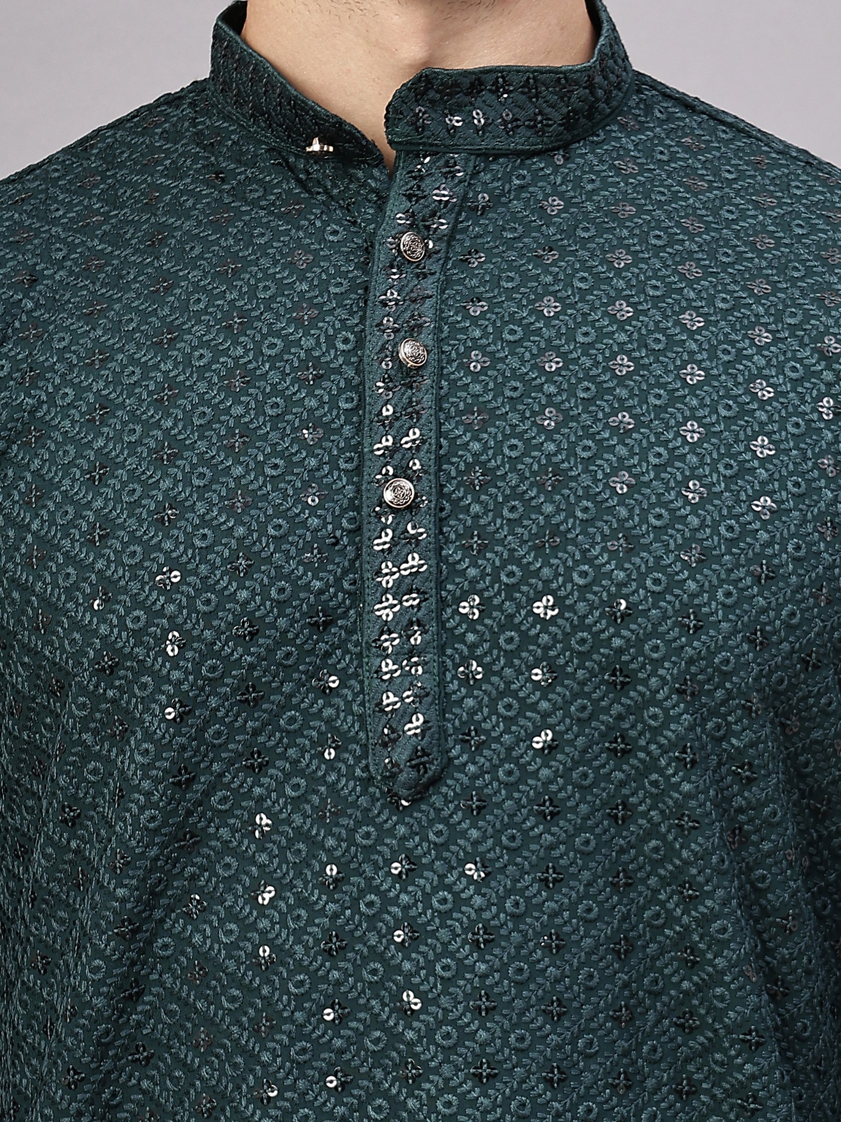 TerraDesi Royal Pista Bloom Chikankari Sequined Kurta Pajama Set