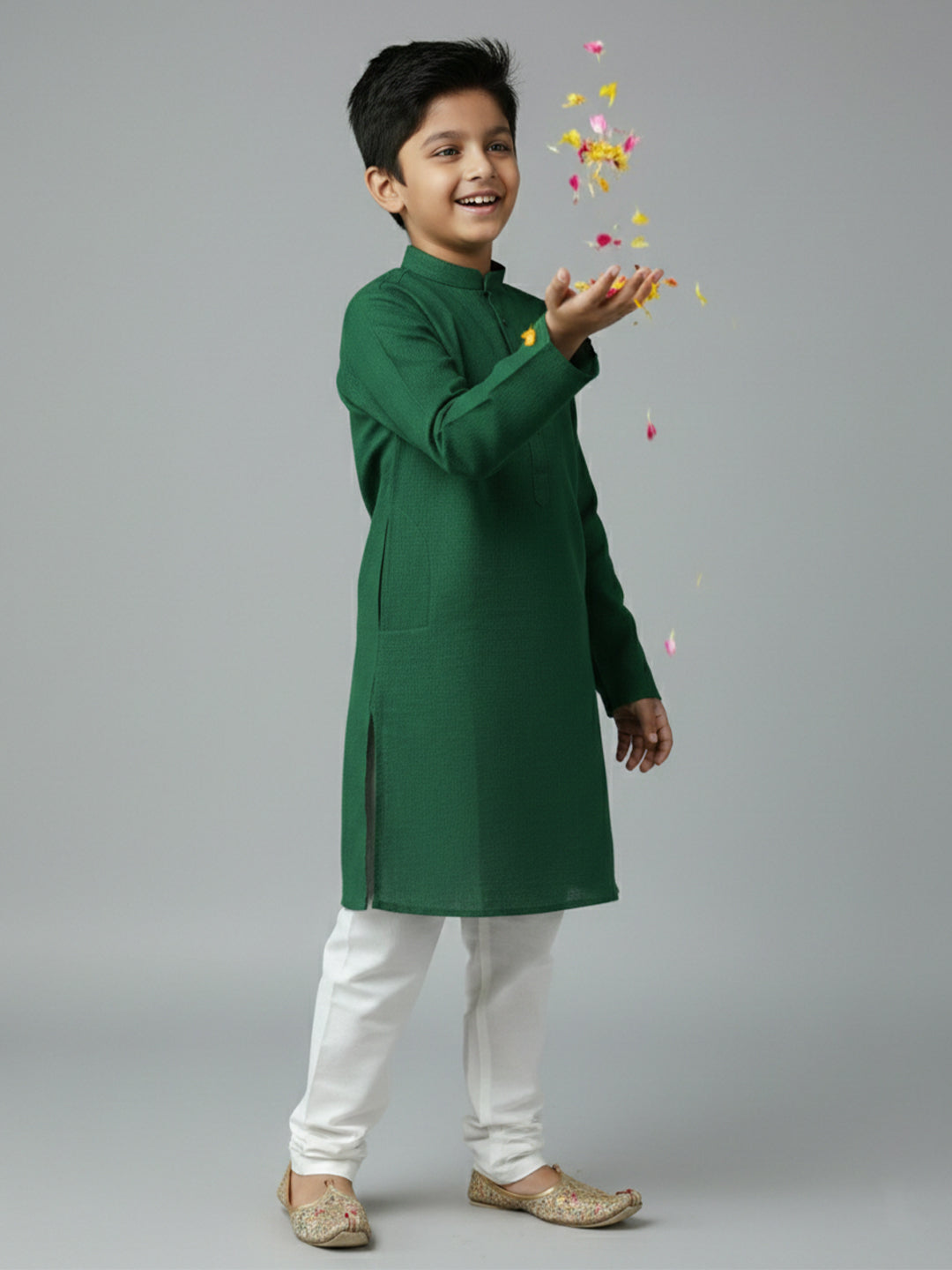 TerraDesi Junior Emerald Heirloom Solid Cotton Long Kurta Pajama Set
