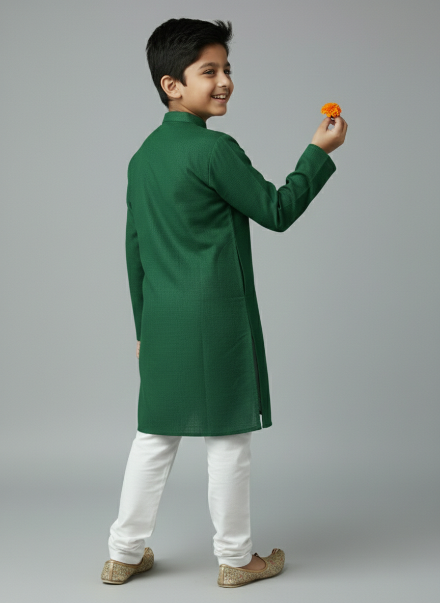 TerraDesi Junior Emerald Heirloom Solid Cotton Long Kurta Pajama Set