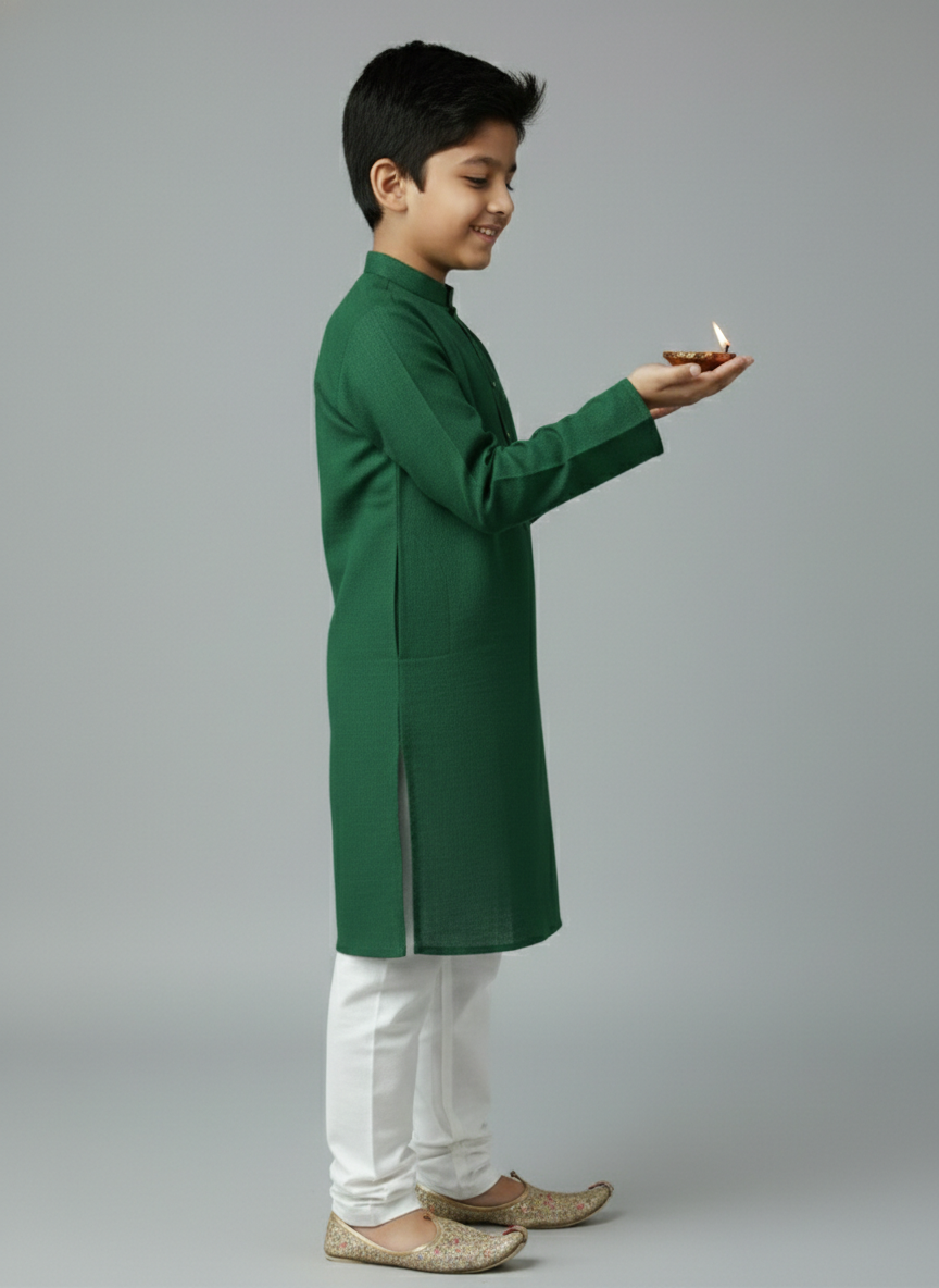 TerraDesi Junior Emerald Heirloom Solid Cotton Long Kurta Pajama Set
