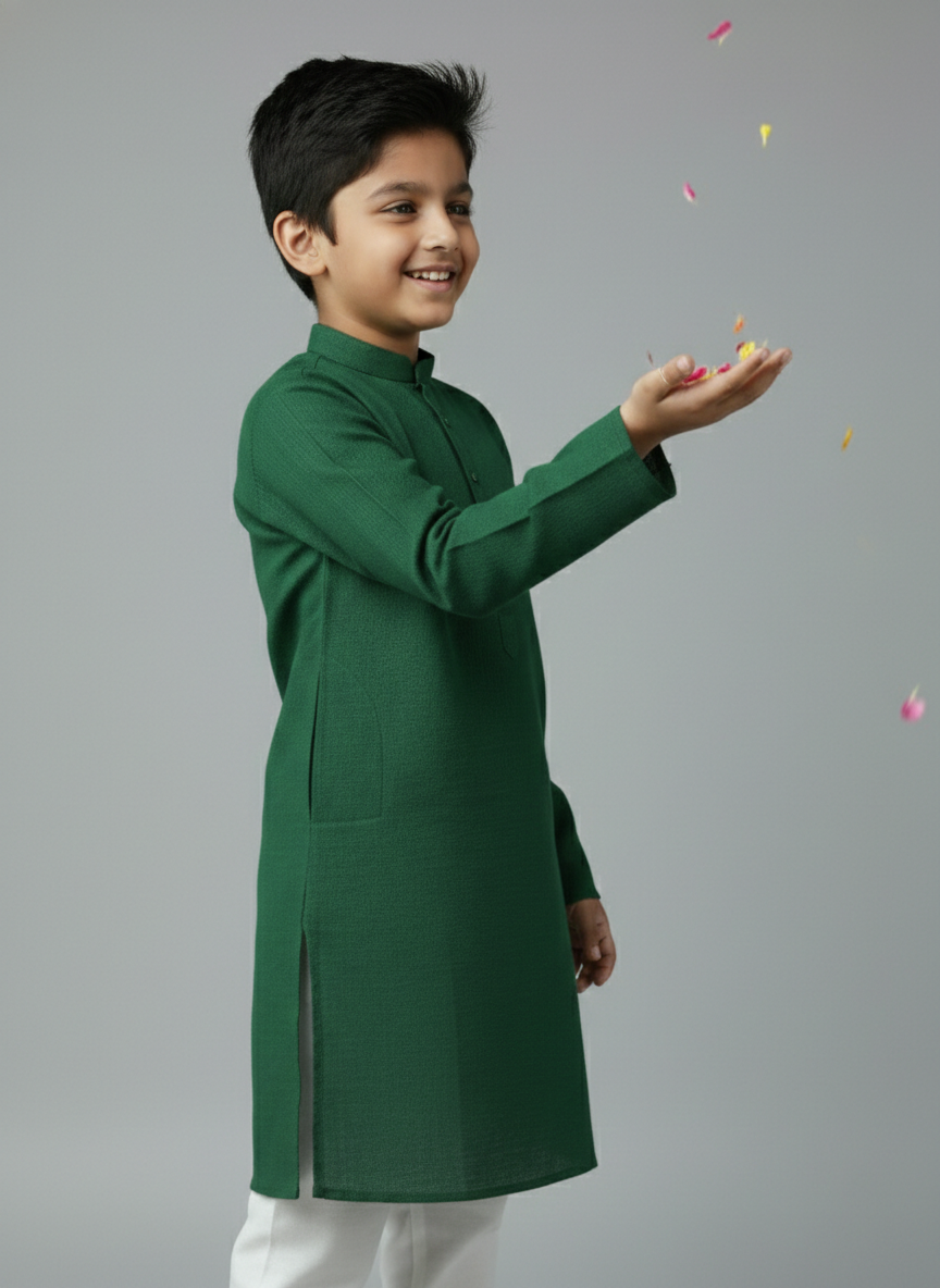 TerraDesi Junior Emerald Heirloom Solid Cotton Long Kurta Pajama Set
