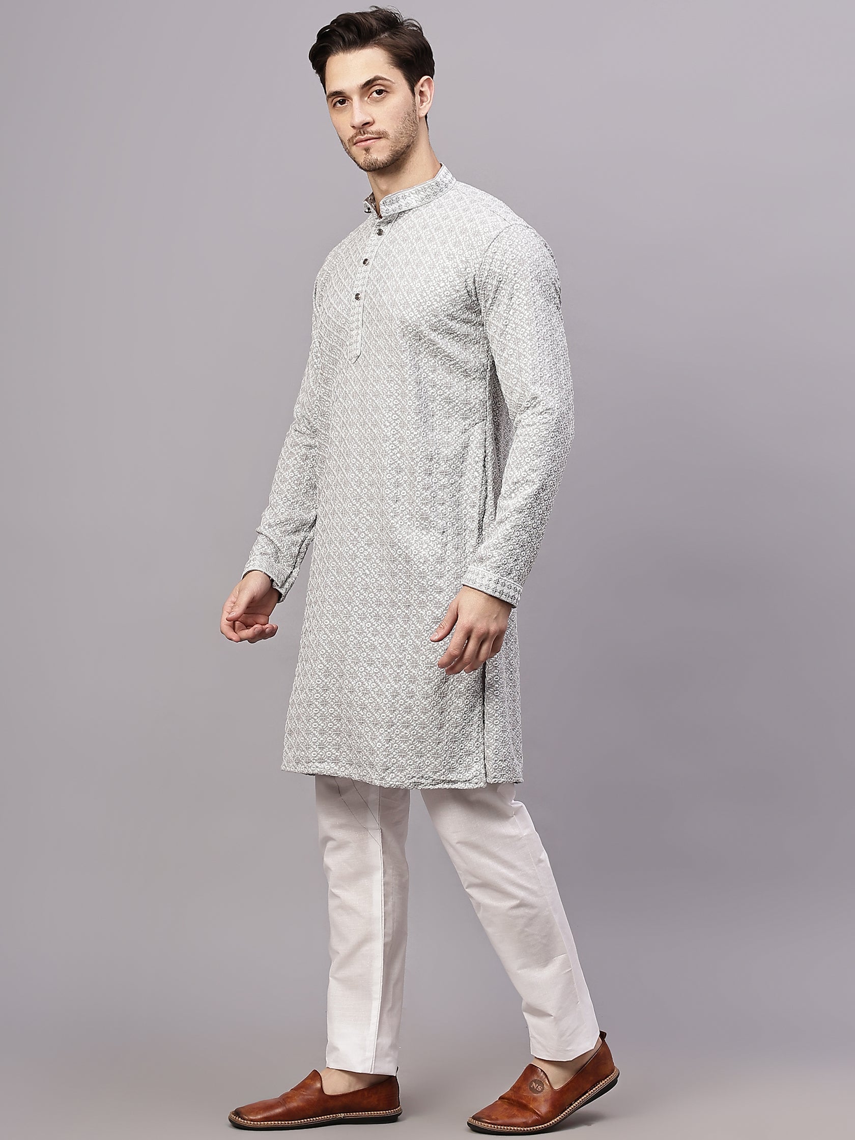 TerraDesi Royal Pista Bloom Chikankari Sequined Kurta Pajama Set