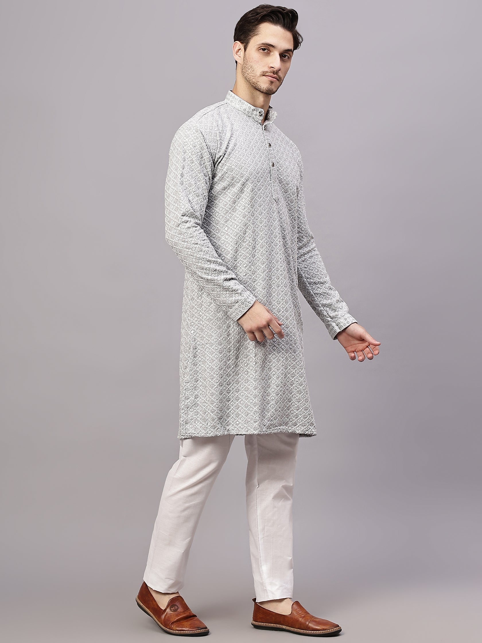 TerraDesi Royal Pista Bloom Chikankari Sequined Kurta Pajama Set