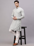TerraDesi Royal Pista Bloom Chikankari Sequined Kurta Pajama Set