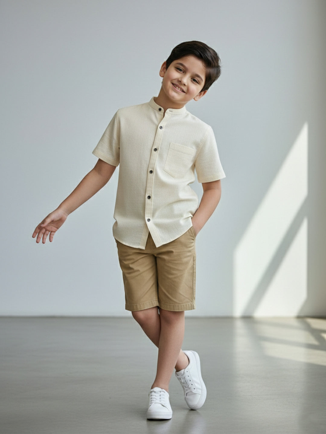 TerraDesi Junior Ivory Linen-Textured Cotton Blend Kids Shirt