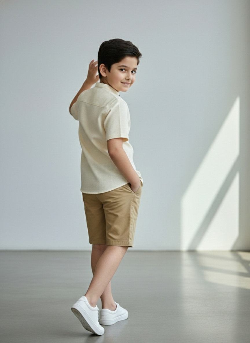 TerraDesi Junior Ivory Linen-Textured Cotton Blend Kids Shirt