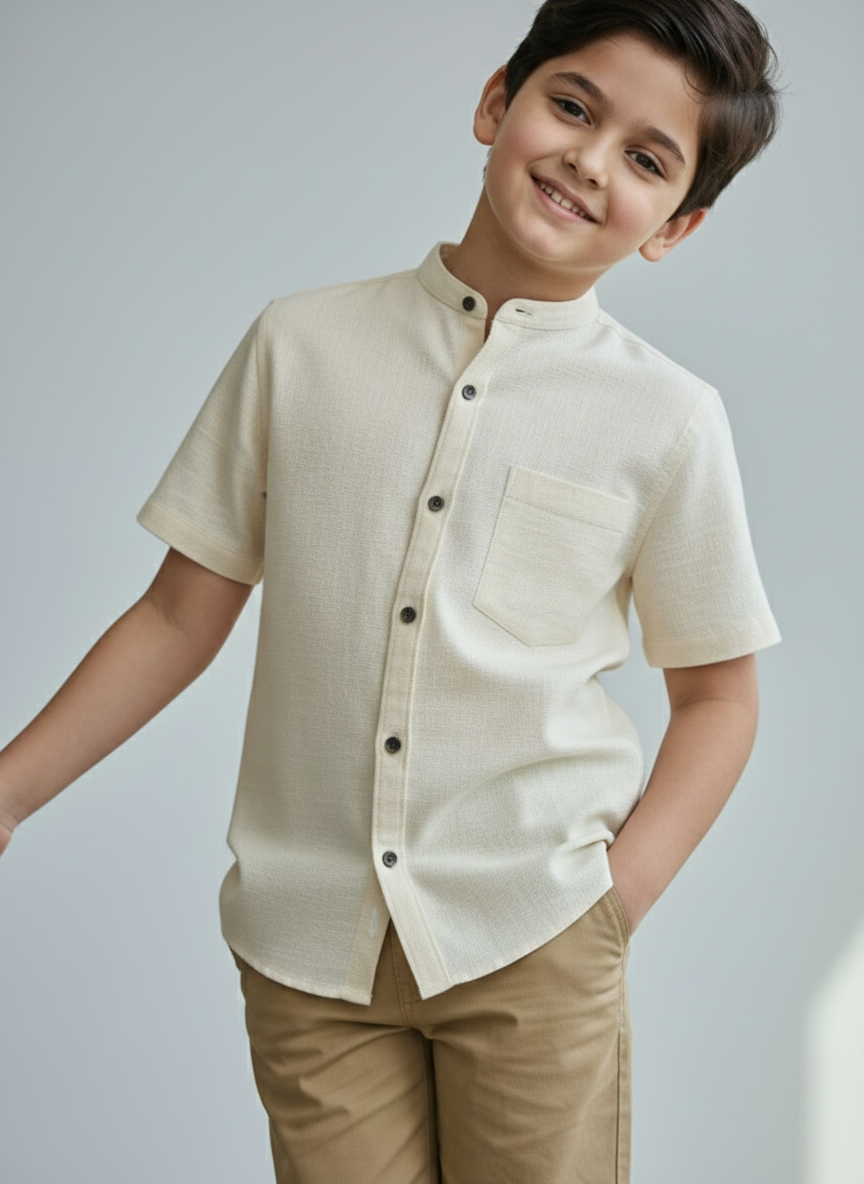 TerraDesi Junior Ivory Linen-Textured Cotton Blend Kids Shirt