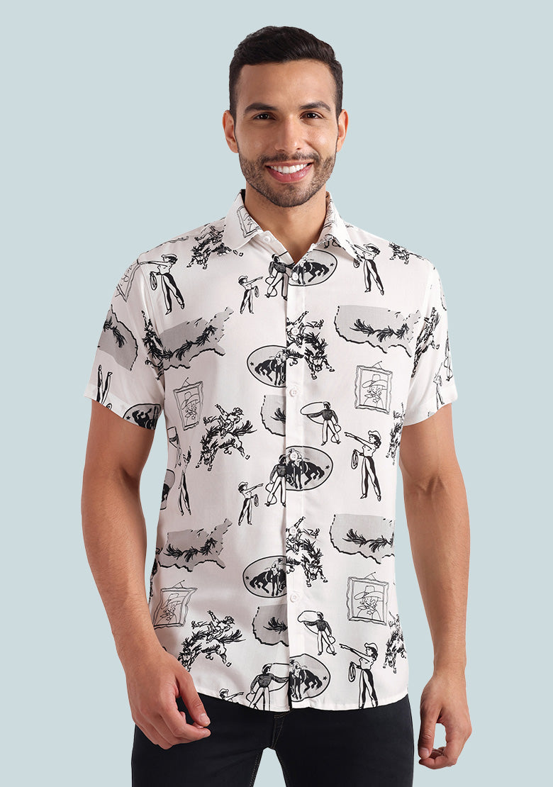 TerraDesi Men’s Vintage Cowboy Rodeo Sketch Viscose Rayon Shirt - Regular Fit Casual Half Sleeve Secondary image