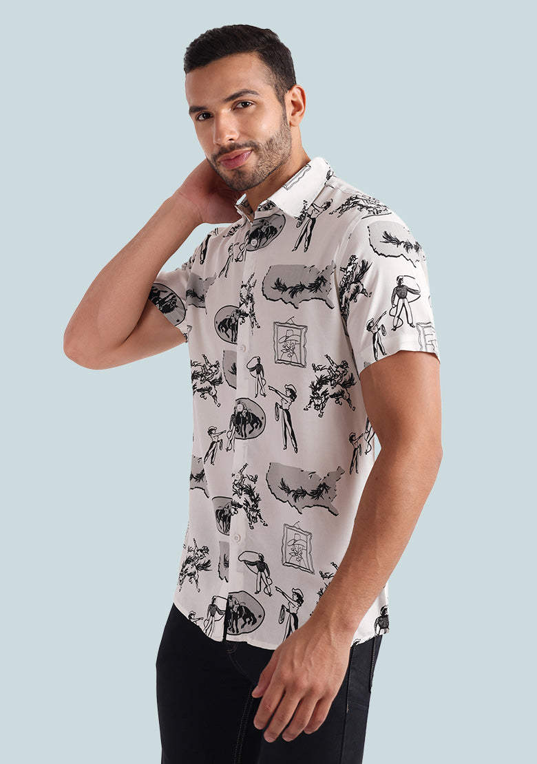 TerraDesi Men’s Vintage Cowboy Rodeo Sketch Viscose Rayon Shirt - Regular Fit Casual Half Sleeve