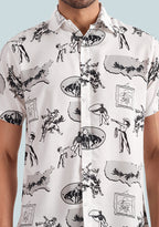 TerraDesi Men’s Vintage Cowboy Rodeo Sketch Viscose Rayon Shirt - Regular Fit Casual Half Sleeve
