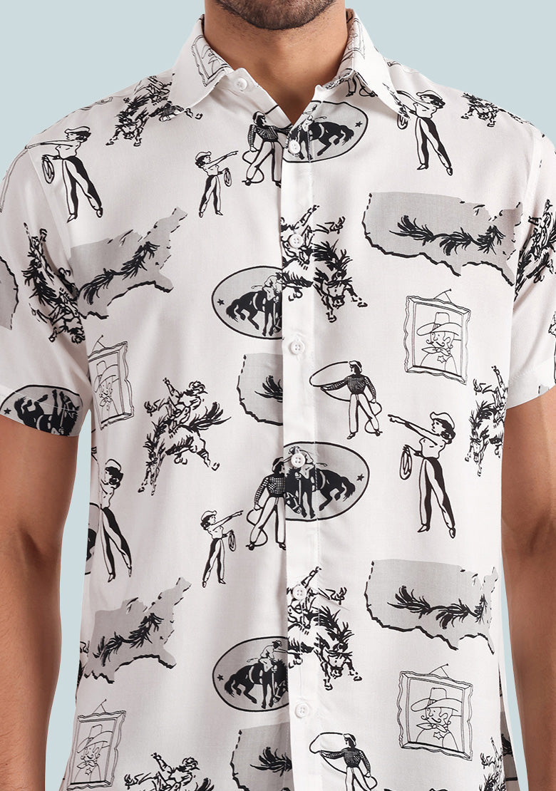 TerraDesi Men’s Vintage Cowboy Rodeo Sketch Viscose Rayon Shirt - Regular Fit Casual Half Sleeve
