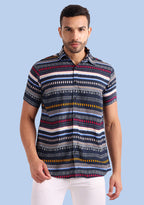 TerraDesi Men’s Midnight Navy Multi-Color Paisley Viscose Rayon Shirt - Regular Fit Casual Half Sleeve