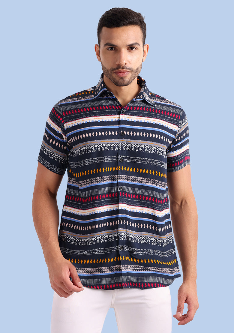 TerraDesi Men’s Midnight Navy Multi-Color Paisley Viscose Rayon Shirt - Regular Fit Casual Half Sleeve