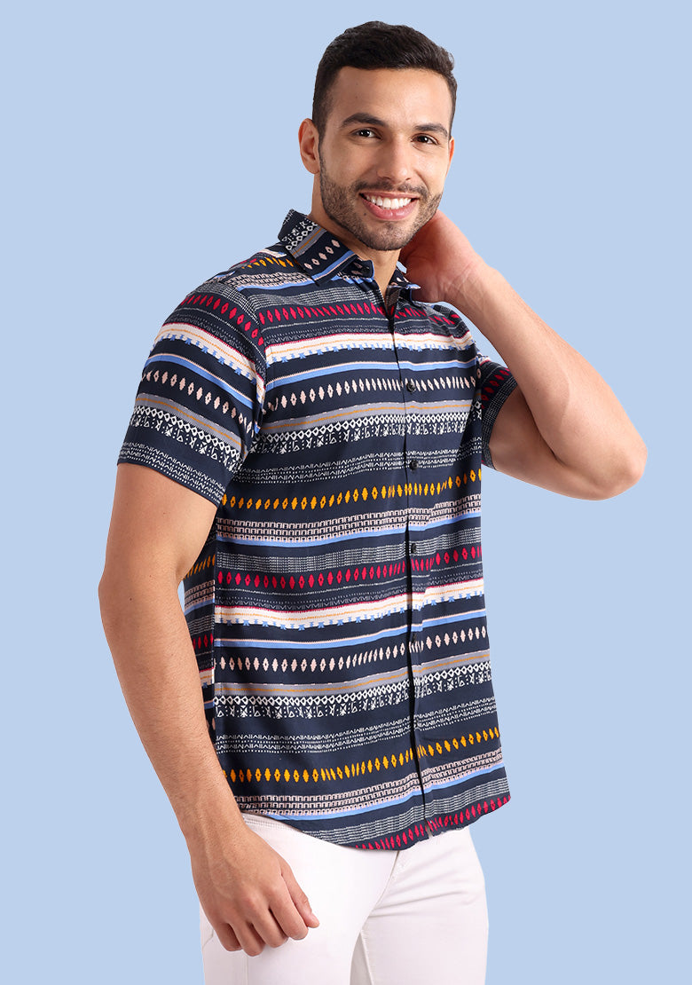 TerraDesi Men’s Midnight Navy Multi-Color Paisley Viscose Rayon Shirt - Regular Fit Casual Half Sleeve