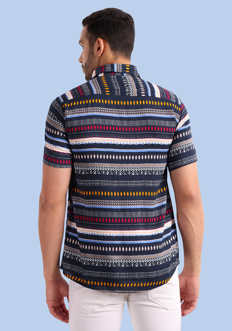 TerraDesi Men’s Midnight Navy Multi-Color Paisley Viscose Rayon Shirt - Regular Fit Casual Half Sleeve