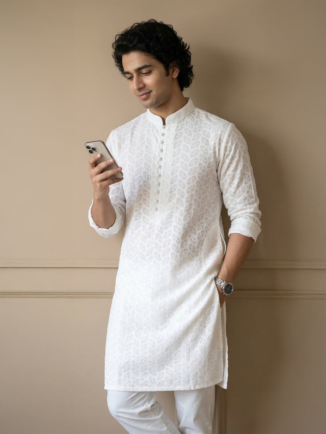 Ivory Regal Embroidered Long Kurta for Men | TerraDesi Festive Cotton Kurta