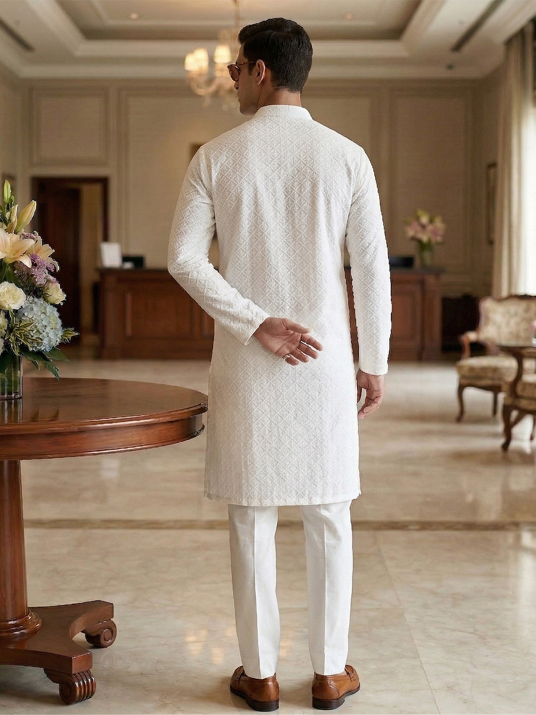 Rajvansh Ivory Embroidered Long Kurta for Men | TerraDesi Festive Edition Secondary image