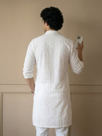 Ivory Regal Embroidered Long Kurta for Men | TerraDesi Festive Cotton Kurta