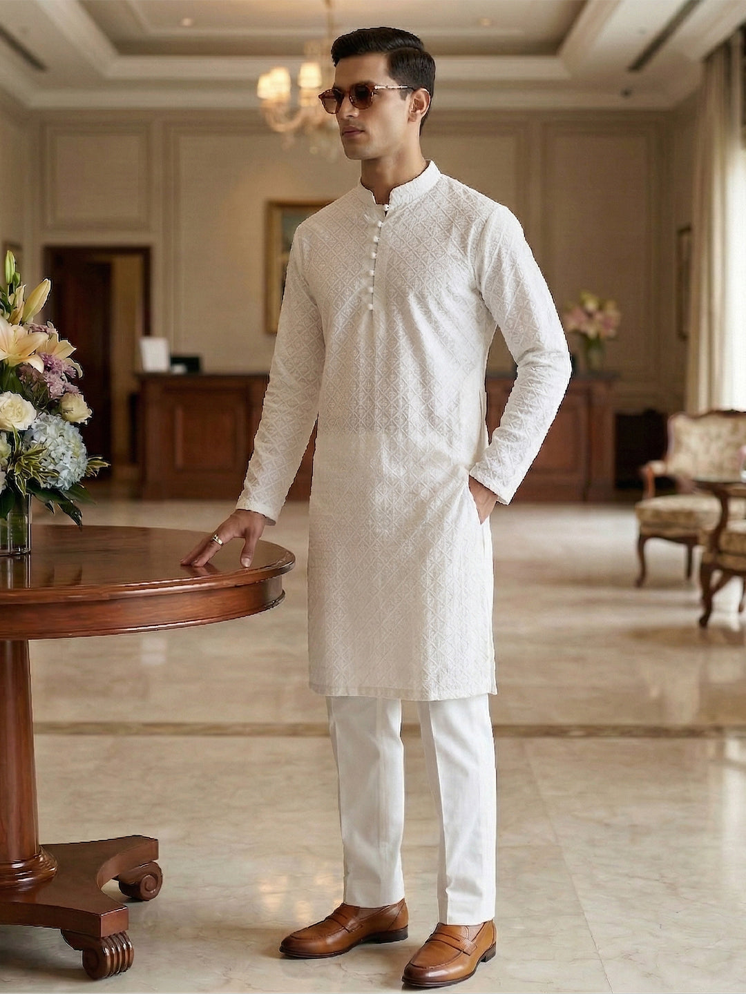 Rajvansh Ivory Embroidered Long Kurta for Men | TerraDesi Festive Edition