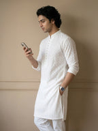 Ivory Regal Embroidered Long Kurta for Men | TerraDesi Festive Cotton Kurta