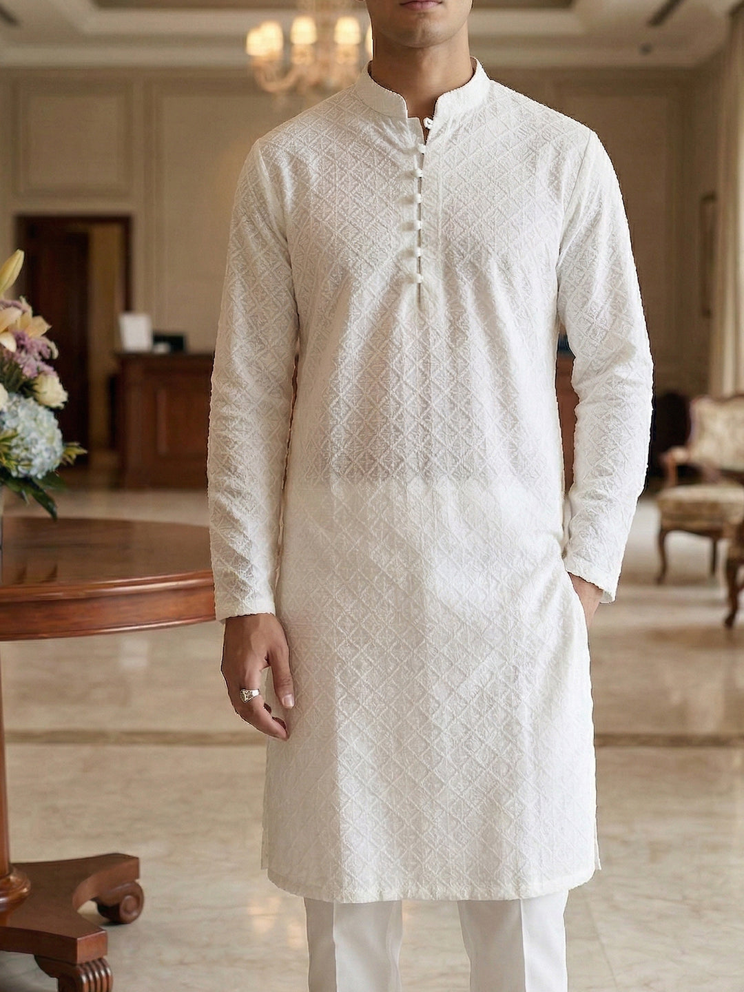 Rajvansh Ivory Embroidered Long Kurta for Men | TerraDesi Festive Edition
