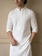 Ivory Regal Embroidered Long Kurta for Men | TerraDesi Festive Cotton Kurta