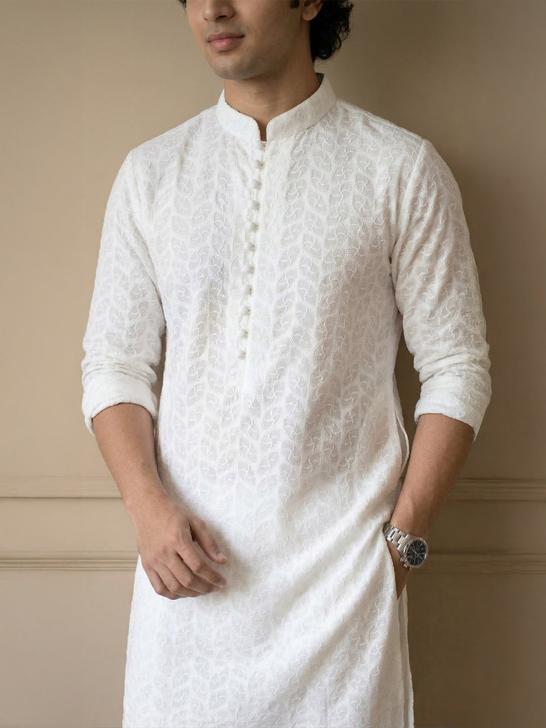 Ivory Regal Embroidered Long Kurta for Men | TerraDesi Festive Cotton Kurta