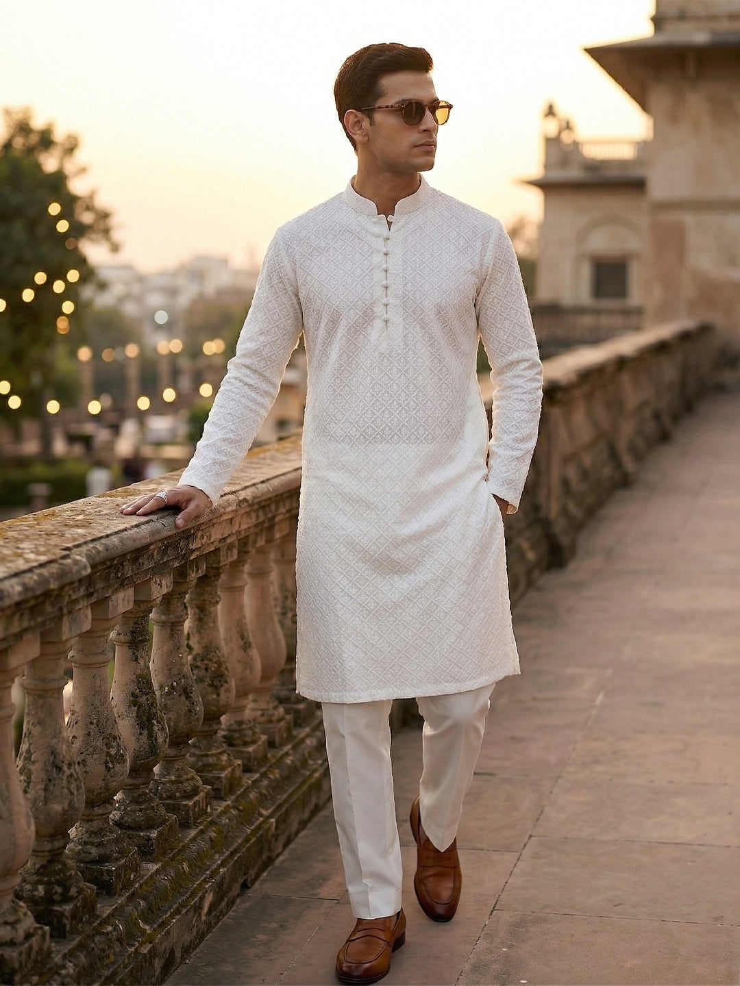 Rajvansh Ivory Embroidered Long Kurta for Men | TerraDesi Festive Edition
