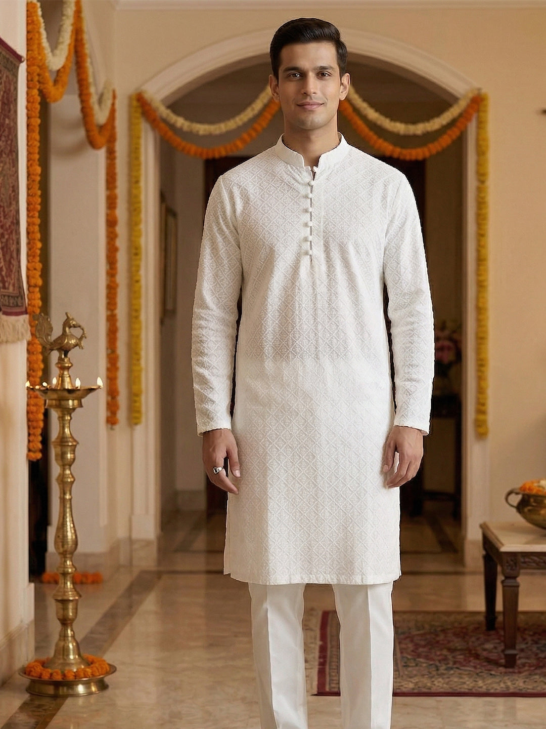 Rajvansh Ivory Embroidered Long Kurta for Men | TerraDesi Festive Edition Main image