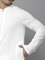 Ivory Regal Embroidered Long Kurta for Men | TerraDesi Festive Cotton Kurta